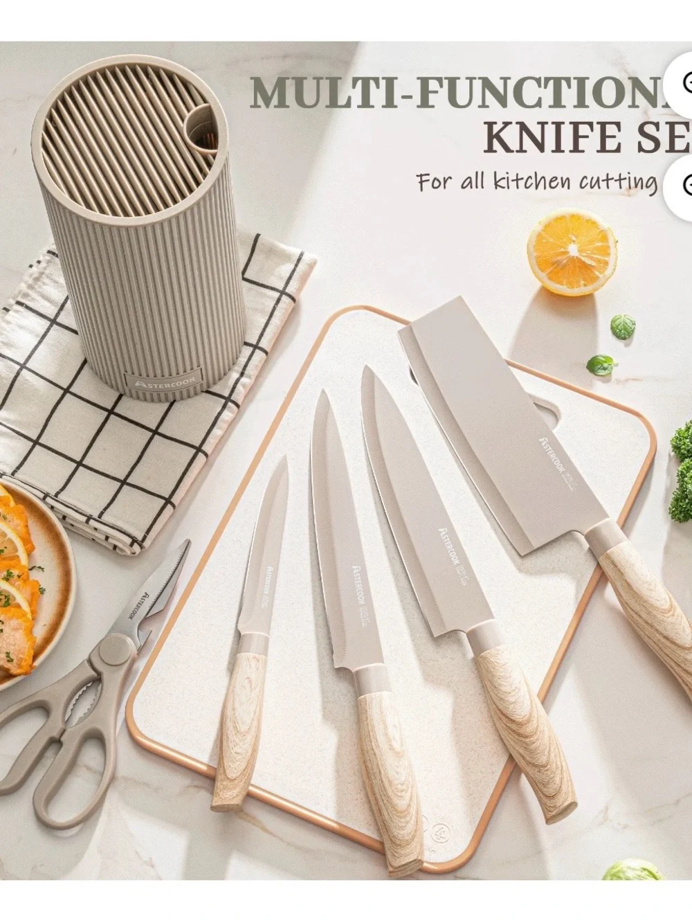 6-Piece Knife Set with Beige Wood-Effect Handles and Ribbed Block